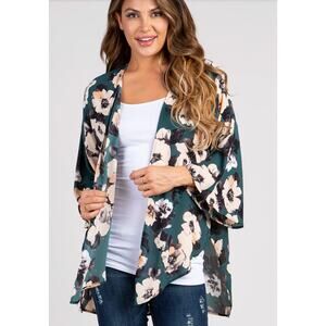 PINKBLUSH Green Floral Chiffon Cover Up Kimono EUC